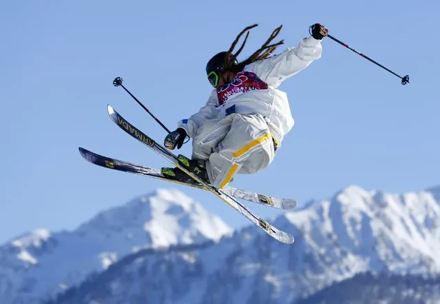 Swedish skier Henrik Harlaut goes off a jump during slopestyle skiing training at the 2014 Sochi Winter Olympics in Rosa Khutor February 5, 2014. (Photo by Mike Blake/Reuters)