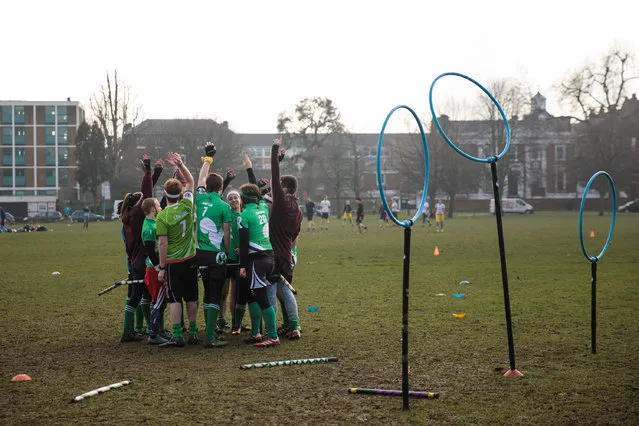 The Keele Squirrels quidditch team huddle during the Crumpet Cup quidditch tournament on Clapham Common on February 18, 2017 in London, England. (Photo by Jack Taylor/Getty Images)