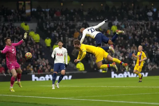 Tottenham's Lucas Moura (27) scores his team's second goal during the English Premier League soccer match between Tottenham Hotspur and Crystal Palace at White Hart Lane in London, England, Sunday, December 26, 2021. (Photo by Alastair Grant/AP Photo)