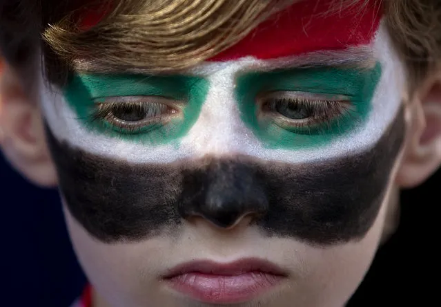 A child of the Syrian community in Romania with his face painted in the colors of Syria's flag, attends a demonstration in support of Syrian President Bashar Assad's regime, in Bucharest, Romania, Wednesday, April 9, 2014. Hundreds of Syrians joined by clerics of the Armenian church in Romania, gathered to protest against Turkey's support for the rebel groups in Syria and shouted slogans against Turkish Premier Erdogan. (Photo by Vadim Ghirda/AP Photo)