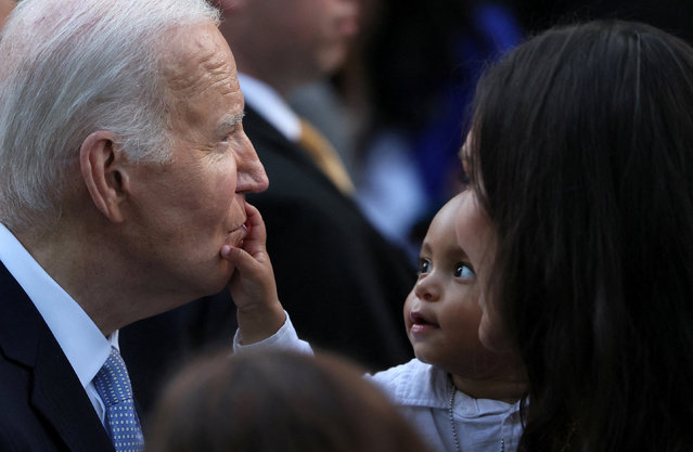 U.S. President Joe Biden mingles with the crowd including Zion Schrode, 8 mo., and his mother Erin Schrode after giving a speech while hosting a celebration for Jewish American Heritage Month in the Rose Garden at the White House, in Washington on May 20, 2024. (Photo by Leah Millis/Reuters)