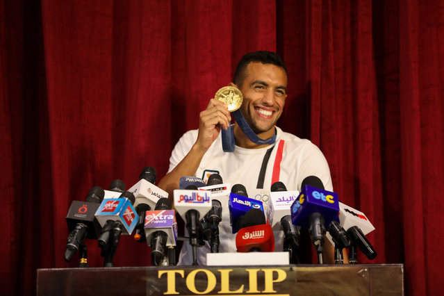 Egyptian Ahmed El Gendy, winner of the gold medal in the men's modern pentathlon competition at the Paris 2024 Olympics, speaks to the media during a press conference at Elmaadi Hotel on August 13, 2024 in Cairo, Egypt. (Photo by Ahmad Hasaballah/Getty Images)