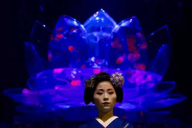 A Maiko, an apprentice geisha, performs a traditional dance in front of a tank with goldfish at the Art Aquarium exhibition in Tokyo July 27, 2015. (Photo by Thomas Peter/Reuters)