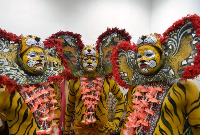 Indian tribal dancers dressed in costume pose as they prepare to perform a traditional “tiger dance” on the occasion of International Tiger Day in Kolkata on July 29, 2015. International Tiger Day which came into being at the Saint Petersburg Tiger Summit in 2010, is held annualy on July 29, to give worldwide attention to the reservation of tigers and it is both an awareness day as a celebration. (Photo by Dibyangshu Sarkar/AFP Photo)