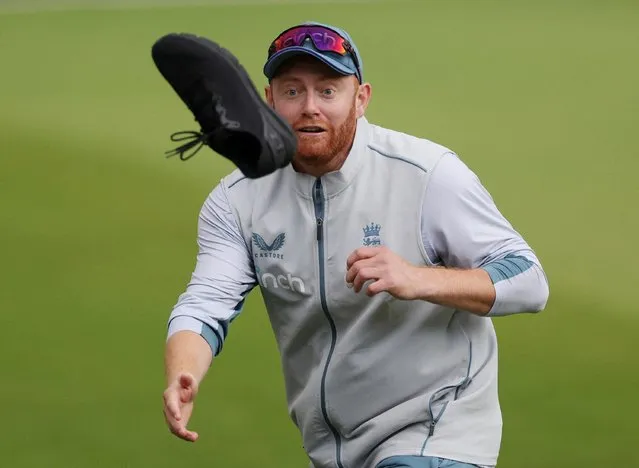 England's Jonny Bairstow catches a shoe during nets at the Lord's Cricket Ground, London, Britain on May 31, 2022. (Photo by Matthew Childs/Action Images via Reuters)