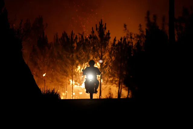A firefighter is riding a motorbike away from a forest fire next to the village of Macao, near Castelo Branco, Portugal, July 26, 2017. (Photo by Rafael Marchante/Reuters)