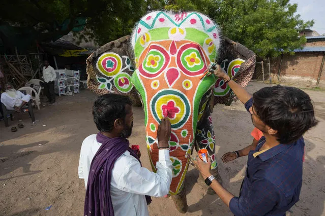 People paint decorative motifs on an elephant in preparation of the annual Rath Yatra, or chariot procession of Lord Jagannath, in Ahmedabad, India, Thursday, June 30, 2022. (Photo by Ajit Solanki/AP Photo)