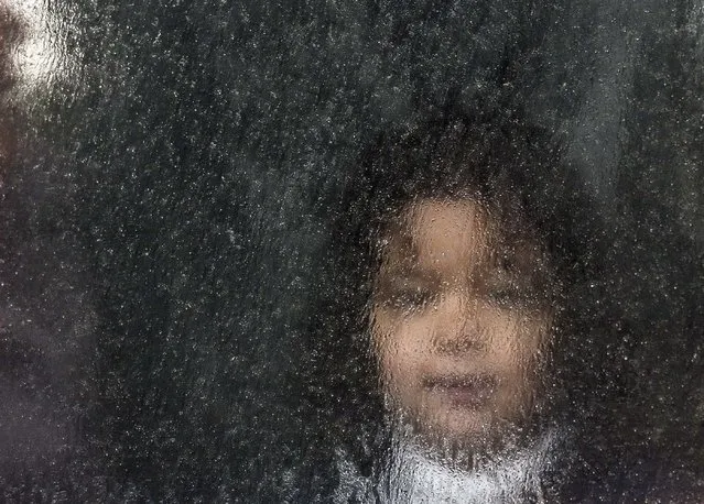 A migrant child looks out of the bus window in the village of Miratovac near the southern Serbian town of Presevo on September 10, 2015. A record 5,000 migrants have arrived at Serbia's border with Hungary over the past 24 hours, a television report said on September 10. Some 3,000 of them have already entered into Hungary, the state RTS television said. (Photo by Armend Nimani/AFP Photo)