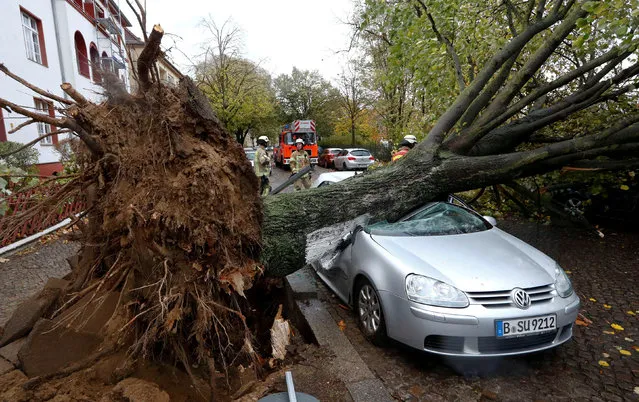 Firefighters are pictured next to a car damaged by a tree during stormy weather caused by a storm called “Herwart” in Berlin, Germany, October 29, 2017. (Photo by Fabrizio Bensch/Reuters)
