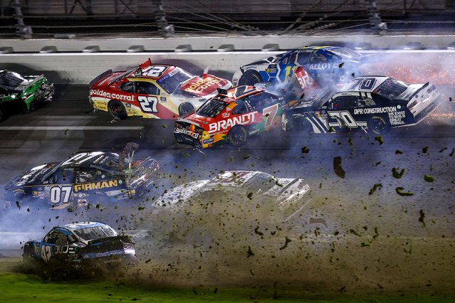 Ryan Sieg, driver of the #39 Sci Aps Ford, Anthony Alfredo, driver of the #42 Dude Wipes Chevrolet, Jeb Burton, driver of the #27 Golden Corral Chevrolet, Justin Allgaier, driver of the #7 BRANDT Chevrolet, Josh Williams, driver of the #11 Alloy Employer Services Chevrolet and Leland Honeyman, driver of the #70 DPR Construction Chevrolet spin after an on-track incident at the finish of the NASCAR Xfinity Series United Rentals 300 at Daytona International Speedway on February 15, 2025 in Daytona Beach, Florida. (Photo by Jared C. Tilton/Getty Images)