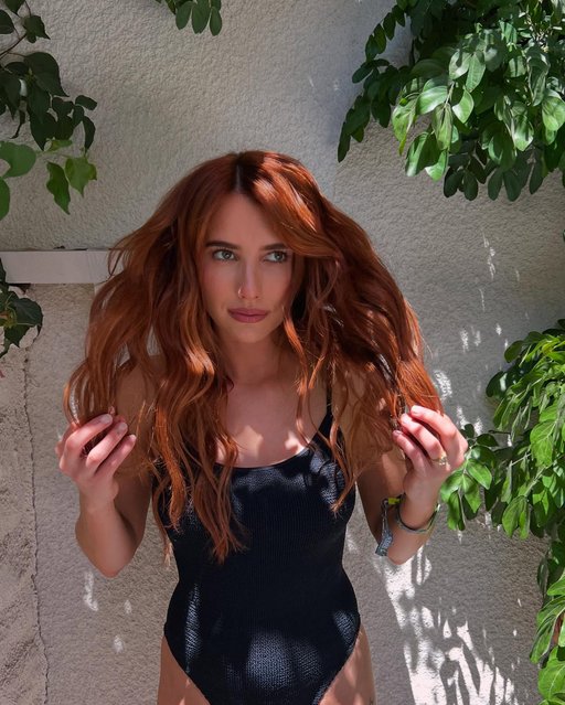 American actress and singer Emma Roberts in the second decade of April 2025 shows off her lush locks in a swimsuit. (Photo by emmaroberts/Instagram)