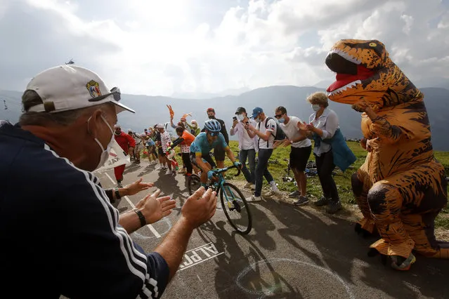 Colombia's Miguel Angel Lopez climbs the Loze pass to win the stage 17 of the Tour de France cycling race over 170 kilometers (105 miles), with start in Grenoble and finish in Meribel Col de la Loze, Wednesday, September 16, 2020. (Photo by Christophe Ena/AP Photo)