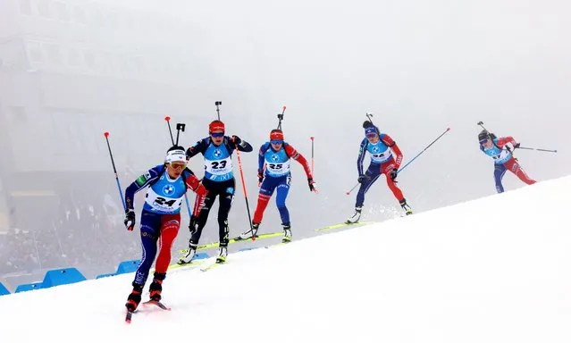 France's Anais Chevalier-Bouchet, Germany's Janina Hettich-Walz, Slovakia's Paulina Batovska Fialkova, France's Lou Jeanmonnot and France's Sophie Chauveau in action during the women's 10km pursuit competition event at the Biathlon World Championships in Oberhof, Germany on February 12, 2023. (Photo by Lisa Leutner/Reuters)