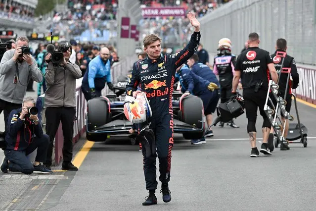 Red Bull Racing's Dutch driver Max Verstappen reacts after taking pole position following the the qualifying session of the 2023 Formula One Australian Grand Prix at the Albert Park Circuit in Melbourne on April 1, 2023 (Photo by William West/AFP Phoot)