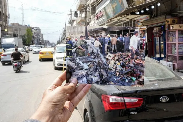 A photograph of people gathering after a car bomb exploded outside a market in a predominantly Shiite neighborhood of Baghdad, Saturday, Nov. 12, 2008, is inserted into the scene at the same location on Tuesday, March 21, 2023, 20 years after the U.S. led invasion on Iraq and subsequent war. (Photo by Hadi Mizban/AP Photo)
