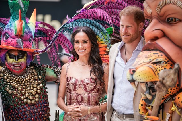 Meghan, Duchess of Sussex and Prince Harry, Duke of Sussex pose for a photo at Centro Nacional de las Artes Delia Zapata during a visit to Colombia on August 15, 2024 in Bogota, Colombia. (Photo by Diego Cuevas/Getty Images)