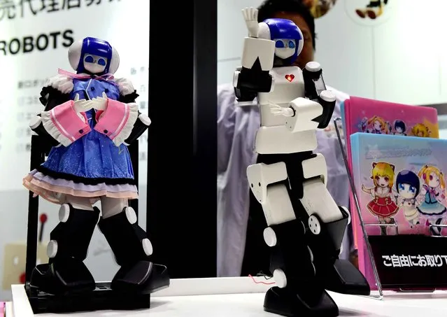 A 46cm tall humanoid robot "Premaid AI" dances during a demonstration at the annual International Robot Exhibition in Tokyo on December 2, 2015. Users can download dancing motion data through an Android smartphone. Some 450 companies and organisations displayed their latest robots and 5,000 people were expecting to visit a four-day event. (Photo by Yoshikazu Tsuno/AFP Photo)