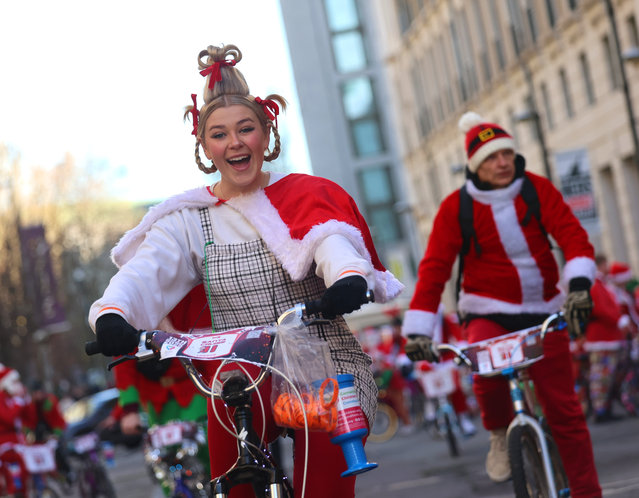 The 11th BMX Life's Santa Cruise in aid of the ECHO Charity where hundreds of riders dress in Christmas fancy dress and ride their BMX bicycles through central London on December 14, 2025. (Photo by Peter Tarry for the Times)