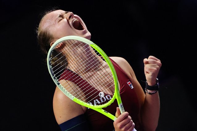 Czech Republic's Barbora Krejcikova celebrates after winning against US' Coco Gauff during their women's singles tennis match at the WTA Finals Championship in Riyadh on November 7, 2024. (Photo by Fayez Nureldine/AFP Photo)
