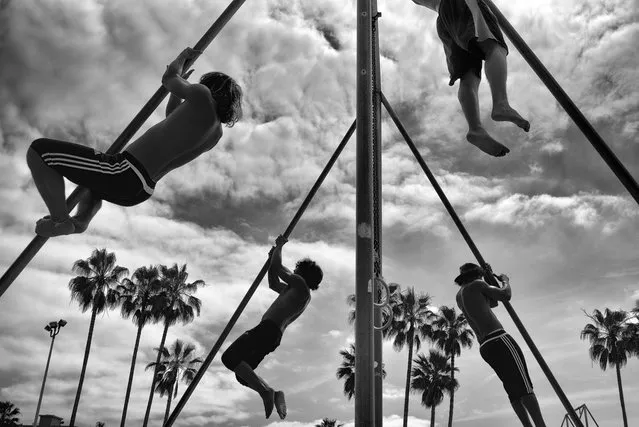 Venice Dynamics is a group of calisthenics enthusiasts who meet regularly in the sand pit by Muscle Beach to exercise together. On “Challenge Monday”, their fearless leader Rafael improvises different fitness routines, creatively using the sand pit’s exercise bars, walls, and adjacent beach. While the regulars’ acrobatic abilities are spectacular, they are humble and nonjudgmental, often encouraging curious passers-by to join in. (Photo by Dotan Saguy)