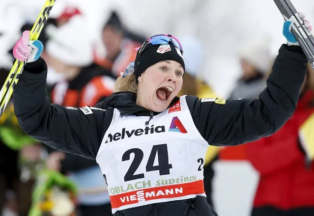 Jessica Diggins of the U.S.  celebrates after winning the women's FIS Tour de ski cross-country skiing 5km individual free race in Toblach January 8, 2016. (Photo by Alessandro Garofalo/Reuters)