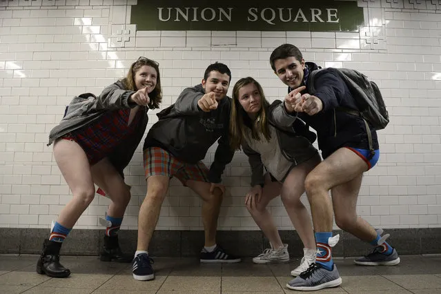 NYC no pants subway ride. Thousands of straphangers took their pants off for the 15th annual "No Pants Subway Ride" hosted by Improv Everywhere. People gathered at seven meeting points throughout the five boroughs at 3PM. All participants met up at Union Square around 5PM to and had a pant-less celebration and the afterparty at Webster Hall. (Photo by Paul Martinka/The New York Post)