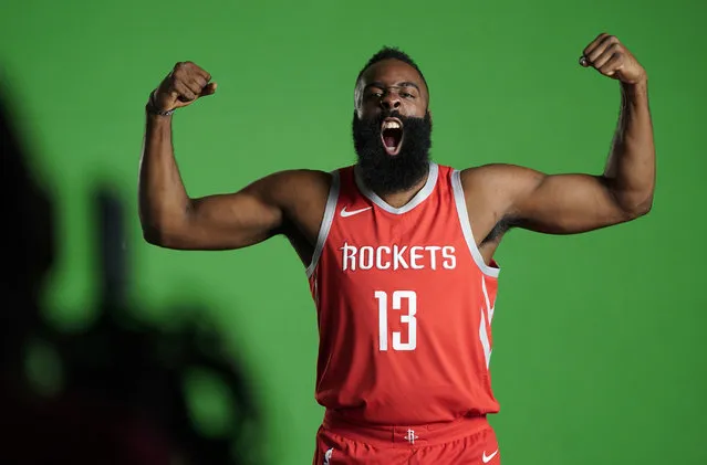 Houston Rockets' James Harden (13) yells for the camera during media day Monday, September 24, 2018, in Houston. (Photo by David J. Phillip/AP Photo)