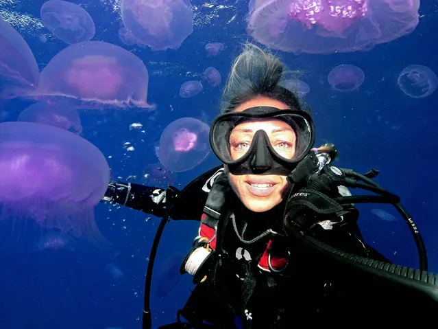 Cinzia Osele Bismarck with the moon jellyfish at Ras Mohammed National Park in Sharm El Sheikh, Egypt. (Photo by Cinzia Osele Bismarck/Caters News Agency)