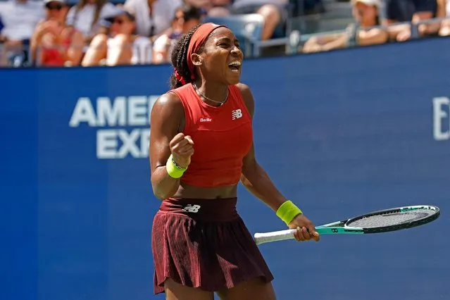 Coco Gauff of the United States reacts after winning her Women's Singles Quarterfinal match against Jelena Ostapenko of Latvia on Day Nine of the 2023 US Open at the USTA Billie Jean King National Tennis Center on September 05, 2023 in the Flushing neighborhood of the Queens borough of New York City. (Photo by Sarah Stier/Getty Images/AFP Photo)