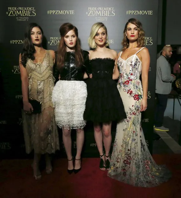 Cast members (from L-R) Millie Brady, Ellie Bamber, Bella Heathcote and Lily James pose at the premiere of “Pride and Prejudice and Zombies” in Los Angeles, California January 21, 2016. The movie opens in the U.S. on February 5. (Photo by Mario Anzuoni/Reuters)