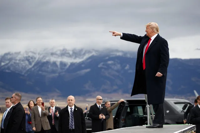 President Donald Trump arrives for a campaign rally at Bozeman Yellowstone International Airport, Saturday, November 3, 2018, in Belgrade, Mont. (Photo by Evan Vucci/AP Photo)