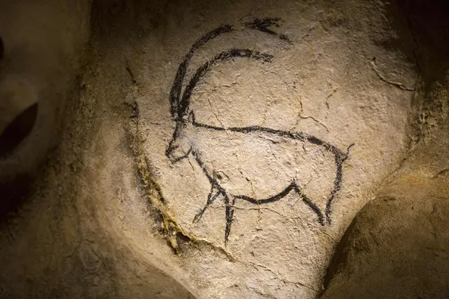 A replica of a pre-historic animal drawing is seen on wall at the site of the Cavern of Pont-d'Arc project during a press visit in Vallon Pont d'Arc April 8, 2015. (Photo by Robert Pratta/Reuters)