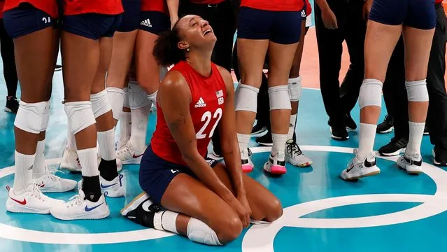 USA's Haleigh Washington celebrates their victory in the women's gold medal volleyball match between Brazil and USA during the Tokyo 2020 Olympic Games at Ariake Arena in Tokyo on August 8, 2021. (Photo by Pilar Olivares/Reuters)