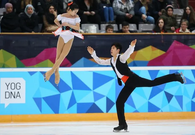 Bowen Li and  Yumeng Gao, from China perform in the Free Programme of the Pairs Figure Skating competition Pairs Free Figure Skating competition at Hamar Olympic Amphitheatre during the Winter Youth Olympic Games in Lillehammer, Norway, Monday February 15, 2016. (Photo by Jed Leicester/IOC via AP Photo)