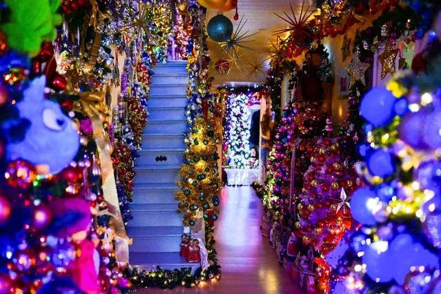 A view of the hallway of Susanne and Thomas Jeromin's home, the official world record holders with their 555 decorated Christmas trees in one home, in Rinteln, west of Hanover, Germany on November 30, 2023. (Photo by Jana Rodenbusch/Reuters)