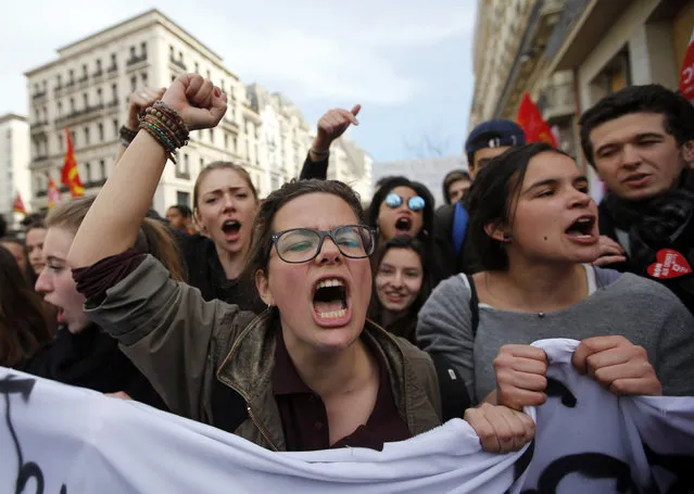 French high school and university students attend a demonstration against the French labour law proposal in Marseille, France, as part of a nationwide labor reform protest, March 9, 2016. (Photo by Jean-Paul Pelissier/Reuters)