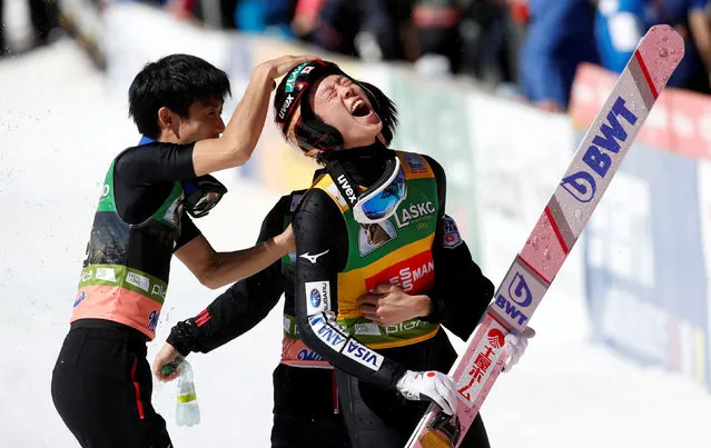 Ryoyu Kobayashi of Japan celebrates after winning the FIS Ski Jumping World Cup Flying Hill Individual competition in Planica, Slovenia on March 24, 2019. (Photo by Borut Zivulovic/Reuters)