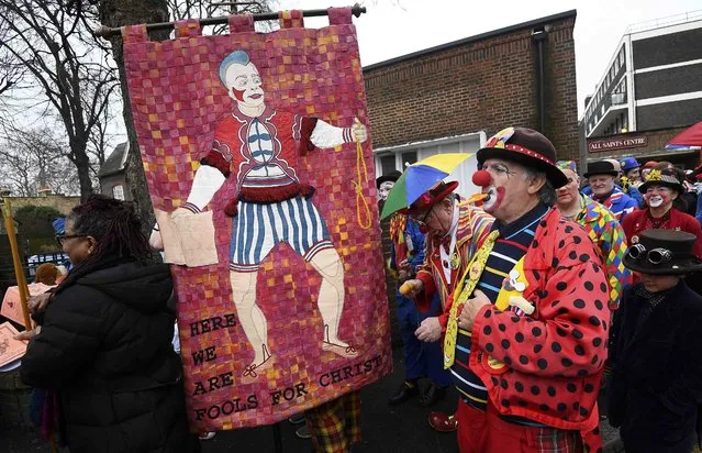 Clowns and entertainers gather to attend an annual service of remembrance in honour of British clown Joseph Grimaldi at All Saints Church in Haggerston in London, Britain, February 5, 2017. (Photo by Toby Melville/Reuters)
