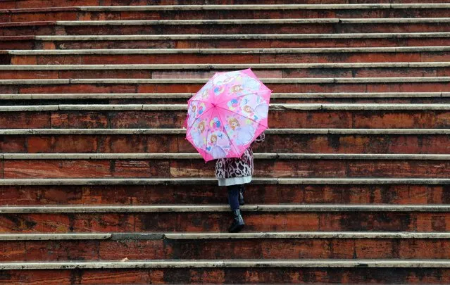 A child carries an umbrella during rainfall at a park in Tehran, Iran on February 16, 2024. (Photo by Abedin Taherkenareh/EPA/EFE)