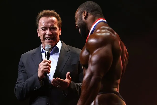 Arnold Schwarzenegger interviews Cedric McMillan, winner of the Arnold Classic, at the Greater Columbus Convention Center during the Arnold Sports Festival 2017 on March 4, 2017 in Columbus, Ohio. (Photo by Maddie Meyer/Getty Images)