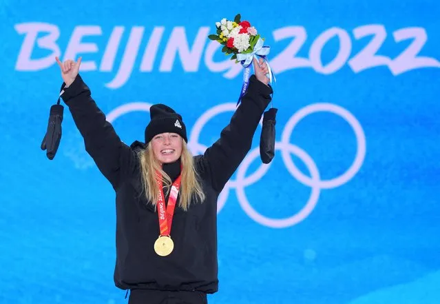 Gold medalist Zoi Sadowski Synnott of Team New Zealand celebrates during the Women's Snowboard Slopestyle medal ceremony at Medal Plaza on February 06, 2022 in Zhangjiakou, China. (Photo by Marko Djurica/Reuters)