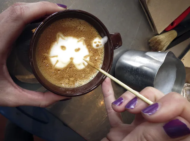 A worker makes the image of a cat on a “Cat'achino” at the cat cafe in New York April 23, 2014. The cat cafe is a pop-up promotional cafe that features cats and beverages in the Bowery section of Manhattan. (Photo by Carlo Allegri/Reuters)