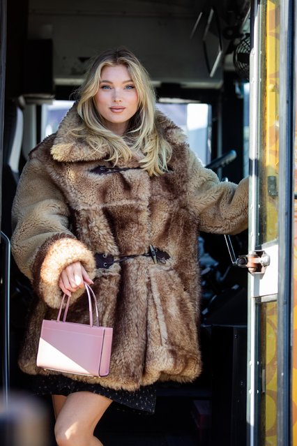 Model Elsa Hosk is seen wearing faux fur coat, pink bag, dress outside Coach during New York Fashion Week on February 14, 2022 in New York City. (Photo by Christian Vierig/Getty Images)