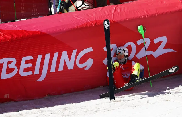 Zhang Mengqiu reacts after the Alpine Skiing Women's Super Combined Slalom Standing of Beijing 2022 Winter Paralympic Games at National Alpine Skiing Centre in Yanqing District, Beijing, capital of China, March. 7, 2022. (Photo by Xinhua News Agency/Rex Features/Shutterstock)