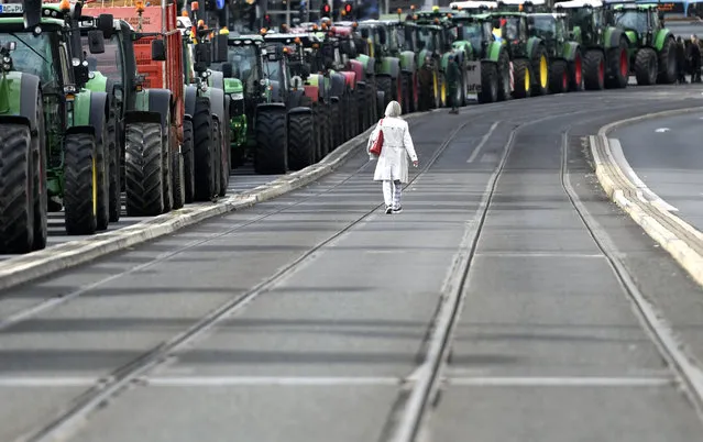 A woman walks past tractors as farmers protest against the German government's agricultural policy including plans to phase out glyphosate pesticides and to implement more animal protection, during a demonstration in Bonn, western Germany on October 22, 2019. (Photo by Ina Fassbender/AFP Photo)