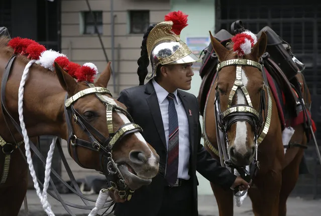 A plains clothes police officer holds on to a couple of horses while wearing the helmet of one of the riders, while Peru's President Ollanta Humala delivered his last State of the Nation address during Independence Day celebrations, in Lima, Peru, Tuesday, July 28, 2015. Both riders, member of the Hussars of Junin Regiment handed over the reigns of their chargers in order to take a bathroom break. (Photo by Martin Mejia/AP Photo)