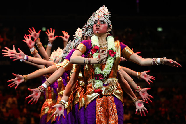 Dancers perform in traditional Indian costume as India's Prime Minister Narendra Modi and Australia's Prime Minister Anthony Albanese attend a cultural event on May 23, 2023 at the Qudos Bank Arena in Sydney, Australia. Modi is visiting Australia on the heels of his and Australia's Prime Minister Anthony Albanese's participation in the G7 Summit in Japan. (Photo by Lisa Maree Williams/Getty Images)