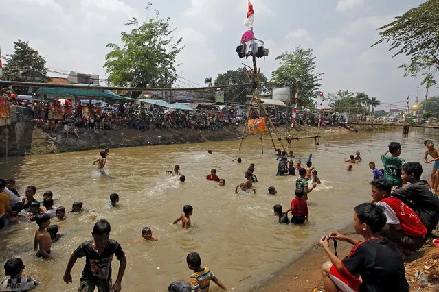 People play in Kalimalang river during celebrations for Indonesia's 70th Independence Day in Jakarta, Indonesia, August 17, 2015. (Photo by Nyimas Laula/Reuters)