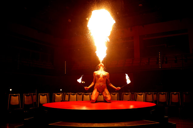 Heather Holliday performs a fire-swallowing routine at the photocall for the 20th anniversary of “La Clique” at Sydney Opera House on October 10, 2024 in Sydney, Australia. (Photo by Don Arnold/WireImage)