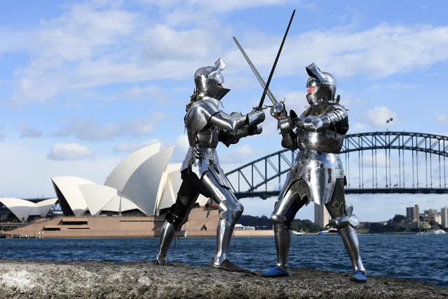 Medieval jousters Luke Binks (L) and Andrew McKinnon pose for a photograph in Sydney, Australia, August 16, 2017 during a photo call for the World Jousting Championships to take place in Sydney on September 23 and 24. (Photo by Dan Himbrechts/Reuters/AAP)